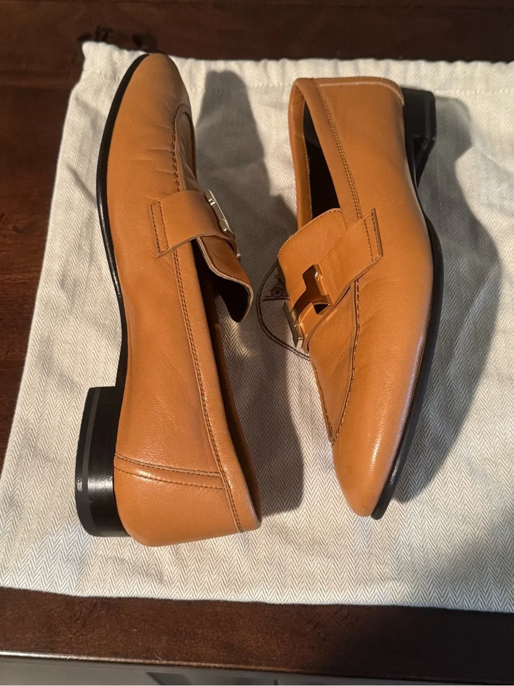 Authentic Hermes Paris Loafers Gold Tan Leather H Buckle Flats Size EU 36.5 US 6